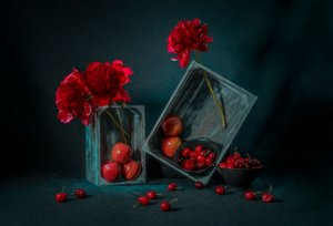 Red Peonies and Cherries