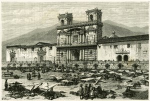 The Cathedrale of Quito and the popular entertainment on its square (Engraving by Clerget and Ferdinandus) by M. (after) Ferdinandus