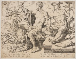 Naphtali with a Stag and a Broken Statue of Mercury, from the Series The Twelve Patriarchs, Engraving by Dirk Volkertsz Coornhert by Maarten van Heemskerck