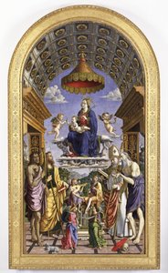 Madonna and Child in glory, musician angels and saints John the Baptist, James, Ugo and Jerome, 1498 by Macrino dAlba