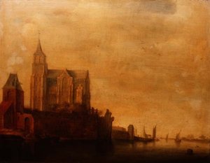 Groote Kerk with a View of the Main Tower, Emmerich in a River Landscape with Sailing Boats by Maerten Fransz van der Hulst