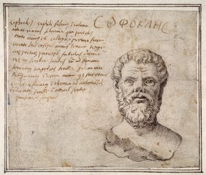 Antique bust of Sophocles, annotated, after Fulvio Orsini by Maerten van Heemskerck