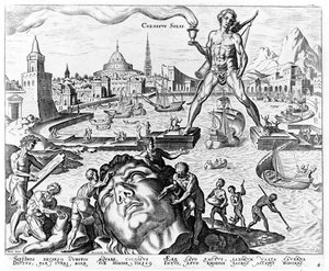 The Colossus of Rhodes, plate 4 from The Eight Wonders of the World, engraved by Philips Galle, 1572