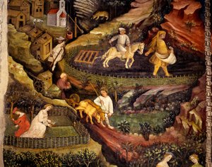Work in fields, detail from Month of October, Cycle of Months