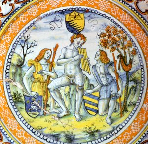 Italian Earthenware Plate Showing Pan Piping to Two Shepherds by Maestro Benedetto