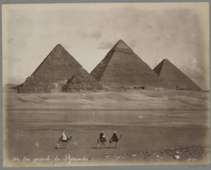 View of the pyramids of Mykerinos, Chefren, and Cheops at Giza by Maison Bonfils