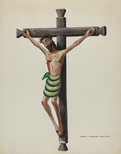 Cristo, Carved and Painted, on Black Carved Wooden Cross by Majel G. Claflin
