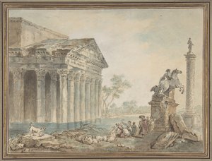 Architectural Capriccio with Roman Monuments and Washerwomen by Manner of Hubert Robert