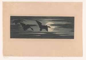 Three Ducks Flying Along the Setting Sun by Marc Henry Meunier (attributed to)