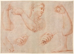 Study of a Young Woman Playing a Tambourine, and Studies of an Arm, Hands, and Feet, c. 1711
