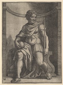 A Roman Emperor Sitting in a Niche Holding a Globe and Sceptre by Marcantonio Raimondi