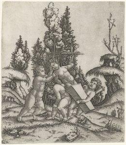 Amor and Two Putti or Children Carrying a Statue of Putti with Winged Anchor on Pedestal by Marcantonio Raimondi