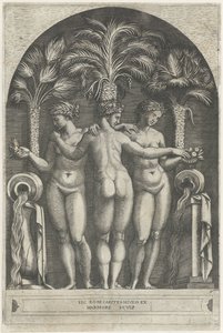 Three Graces Standing in a Niche Before Three Palm Trees and Flanked by Jugs Pouring Water by Marcantonio Raimondi