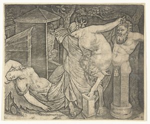 Fragment of Bacchanal with Satyr Woman and Herm and Sleeping Bacchante by Marcantonio Raimondi
