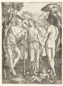 Young Woman with Leaf Wreath Standing Between Old Man Leaning on Stick and Young Man with Dragon and Child