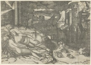 Landscape with Two Naked Sleeping Women and Fantasy Animals on Shore by Water with Burning Building (Dream of Raphael)