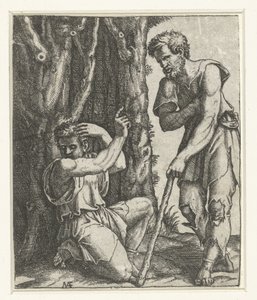 Man Kneeling and Turning Away from Beggar at Forest Edge by Marcantonio Raimondi