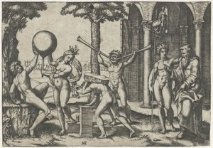 Man with Two Trumpets and Man with Stone on His Back Flanked by Man and Woman with Globe and Old and Young Man by Marcantonio Raimondi