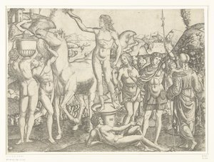 Naked Man with Torch Standing on Pedestal Surrounded by Naked Men with Horse and Vase and Soldier Flanked by Virtues Prudence and Love
