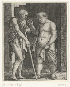 Old Man Leaning on a Stick and Gesturing Young Fat Man
