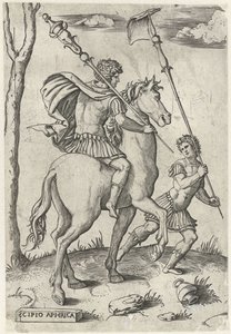 Roman Generals Scipio Africanus Major on Horseback and Scipio Africanus Minor by Marcantonio Raimondi