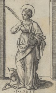 Saint Agnes Standing Holding a Palm in Her Right Hand, a Sheep Lower Left by Marcantonio Raimondi