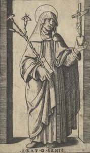 Saint Catherine of Siena standing holding flowers and book in her right hand