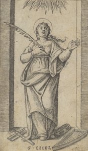 Saint Cecilia standing holding a palm of martyrdom in her right hand, ca. 1500-1527 by Marcantonio Raimondi