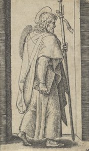 Saint James Major, book in his right hand, staff in his left facing right