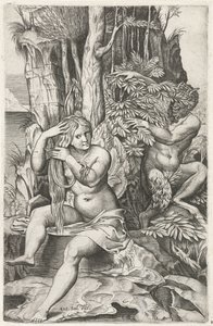 Satyr Spying on a Nymph During Her Toilet, Pan and Syrinx by Marcantonio Raimondi