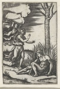 Sleeping Man and Nymph Pursued by Amor by Marcantonio Raimondi