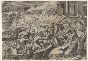 The Abduction of Helen, Battle Scene on a Shore with Two Men Pulling Helen into a Boat by Marcantonio Raimondi
