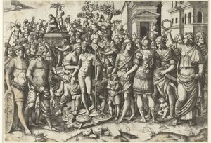 Triumphal Procession of Roman Emperor with Soldiers and Captured Armors by Marcantonio Raimondi