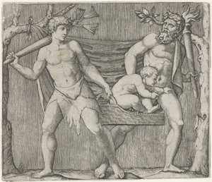 Two Fauns Carrying a Child in a Basket by Marcantonio Raimondi
