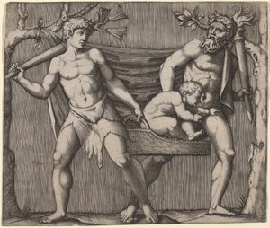 Two Fauns Carrying a Child by Marcantonio Raimondi