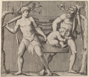 Two Fauns Carrying a Child by Marcantonio Raimondi