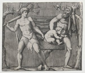 Two Fauns Carrying a Child in a Basket by Marcantonio Raimondi