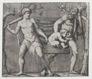 Two Fauns Carrying a Child in a Basket by Marcantonio Raimondi