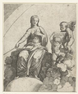 Woman with Book and Scepter as Personification of Philosophy Sitting on Clouds with Feet Resting on Globe and Two Putti Beside Her by Marcantonio Raimondi