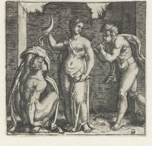 Woman with Crescent Moon Flanked by Faun Blowing Horn and Crouching Man by Marcantonio Raimondi