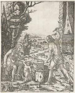 Vulcan forging arrows and wings for Amor in the presence of Venus by Marcantonio Raimondi