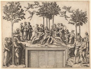 Apollo on Parnassus by Marcantonio Raimondi after Raphael