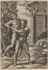 Hercules and Antaeus by Marcantonio Raimondi, after Raphael