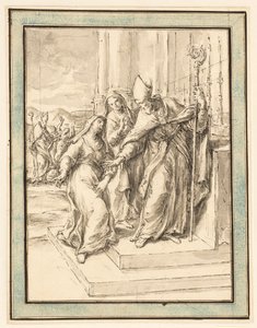 A Bishop and Two Nuns at an Altar, with a Bishop Healing a Possessed Woman in the Background by Marco Benefial
