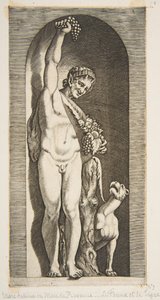 A Faun Standing in a Niche Holding Aloft a Bunch of Grapes with His Right Hand, ca. 1515-27 by Marco Dente