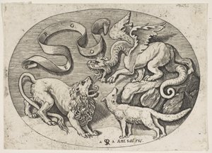 A Lion, Dragon and Fox Fighting Each Other, an Inscribed Banderole Above, an Oval, ca. 1515-27 by Marco Dente