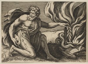 A Man Kneeling and Placing a Laurel Branch upon a Pile of Burning Books by Marco Dente