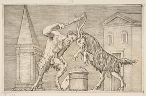 A satyr and a ram attacking each other, the satyr wielding a club with his right hand by Marco Dente
