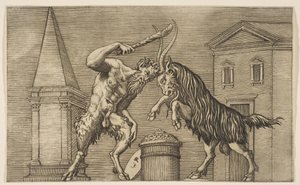 A satyr and a ram attacking each other, the satyr wielding a club
