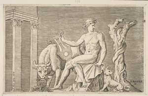 Apollo tending the flocks of Admetus, Apollo seated holding a lyre and flanked by a... by Marco Dente